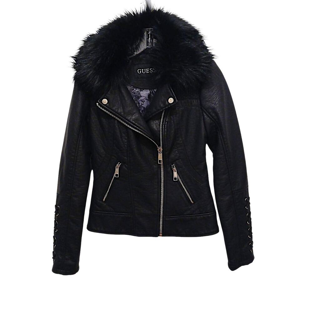 GUESS Moto Jacket Faux Leather Mink Fur Corset Laced XS Black Designer Assymetri